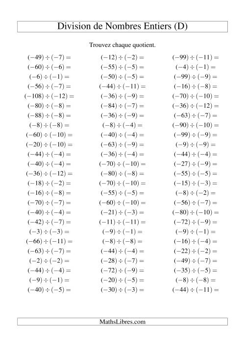 Division de nombres entiers -- Négatif divisé par négatif (75 par page) (D)