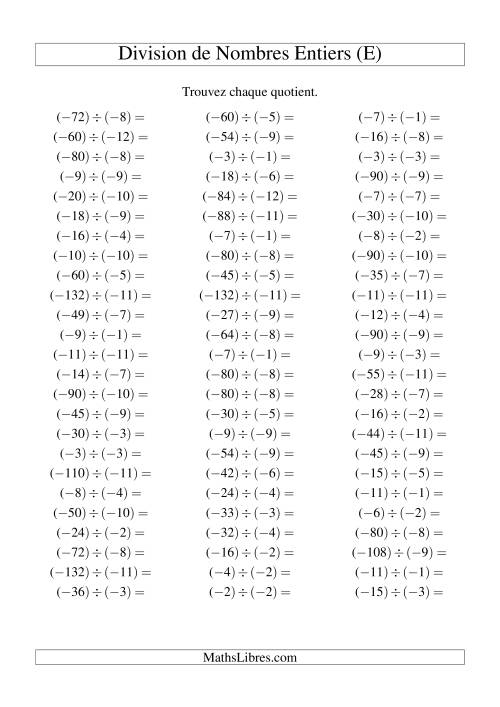 Division de nombres entiers -- Négatif divisé par négatif (75 par page) (E)