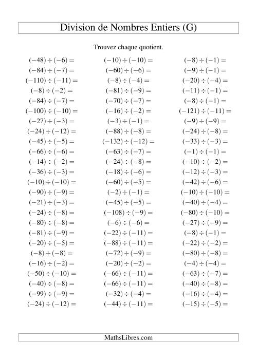 Division de nombres entiers -- Négatif divisé par négatif (75 par page) (G)
