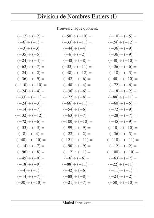 Division de nombres entiers -- Négatif divisé par négatif (75 par page) (I)