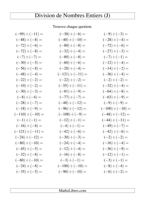 Division de nombres entiers -- Négatif divisé par négatif (75 par page) (J)