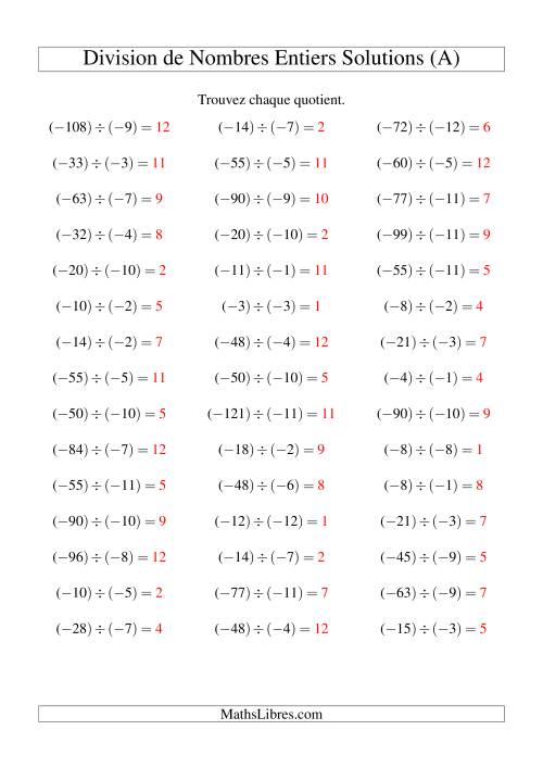 Division de nombres entiers -- Négatif divisé par négatif (45 par page) (A) page 2