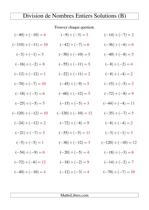 Division de nombres entiers -- Négatif divisé par négatif (45 par page) (B) page 2