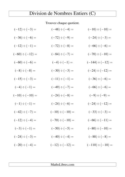 Division de nombres entiers -- Négatif divisé par négatif (45 par page) (C)