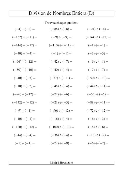 Division de nombres entiers -- Négatif divisé par négatif (45 par page) (D)