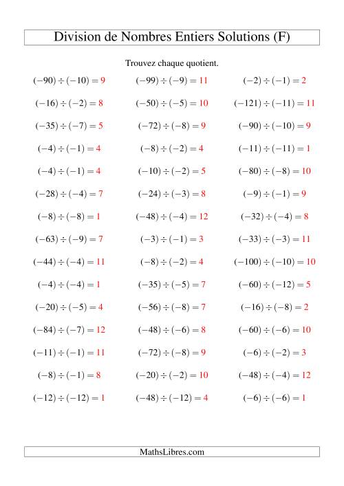 Division de nombres entiers -- Négatif divisé par négatif (45 par page) (F) page 2