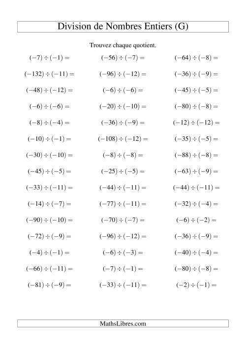 Division de nombres entiers -- Négatif divisé par négatif (45 par page) (G)