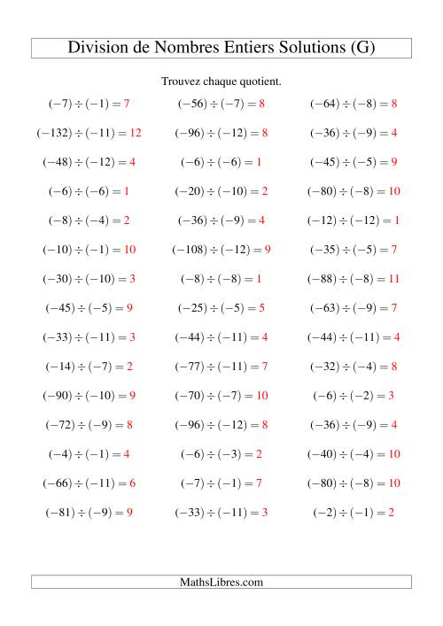 Division de nombres entiers -- Négatif divisé par négatif (45 par page) (G) page 2