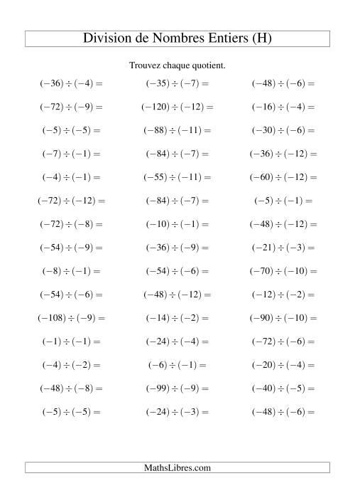 Division de nombres entiers -- Négatif divisé par négatif (45 par page) (H)