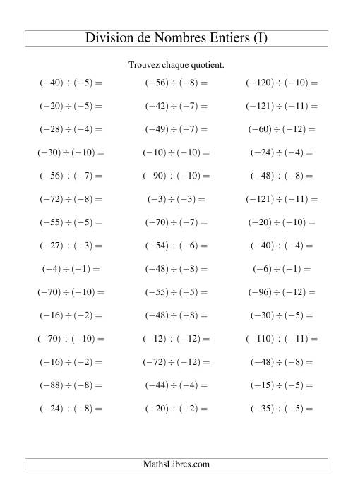 Division de nombres entiers -- Négatif divisé par négatif (45 par page) (I)