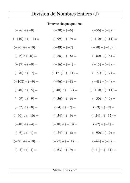 Division de nombres entiers -- Négatif divisé par négatif (45 par page) (J)