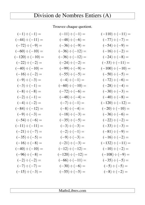 Division de nombres entiers -- Négatif divisé par négatif (75 par page) (Tout)