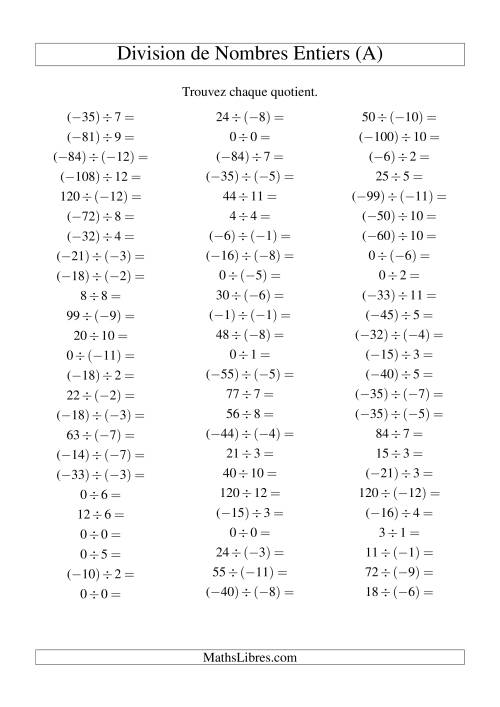 Division de nombres entiers de (-12) à 12 (75 par page) (A)
