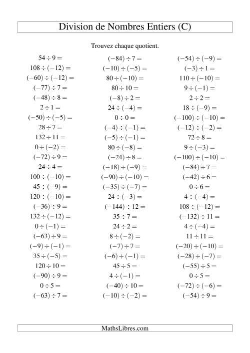 Division de nombres entiers de (-12) à 12 (75 par page) (C)