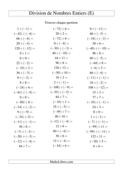 Division de nombres entiers de (-12) à 12 (75 par page) (E)