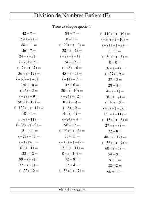 Division de nombres entiers de (-12) à 12 (75 par page) (F)