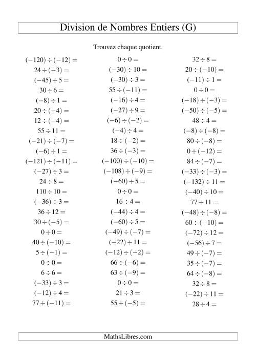 Division de nombres entiers de (-12) à 12 (75 par page) (G)