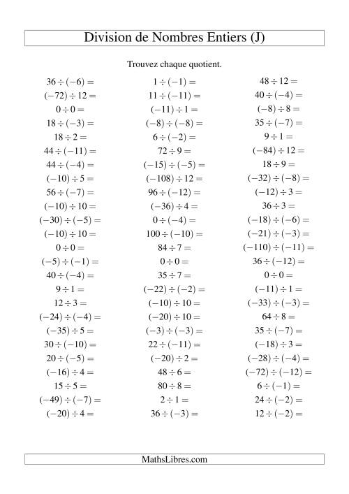 Division de nombres entiers de (-12) à 12 (75 par page) (J)