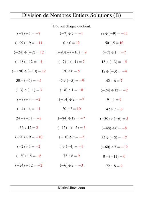 Division de nombres entiers de (-12) à 12 (45 par page) (B) page 2