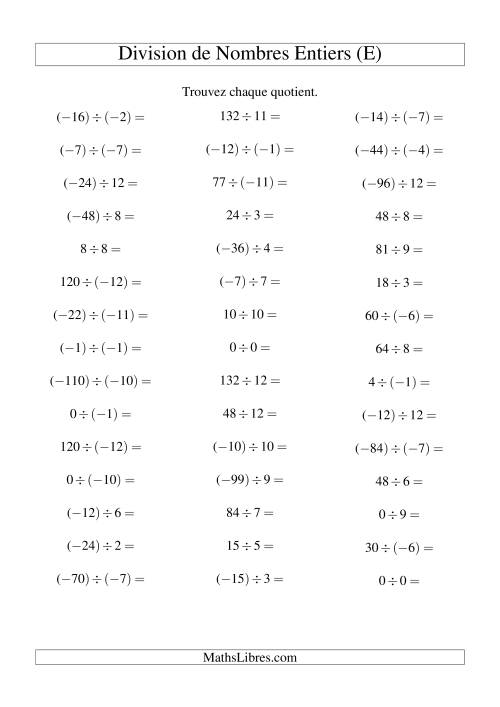 Division de nombres entiers de (-12) à 12 (45 par page) (E)
