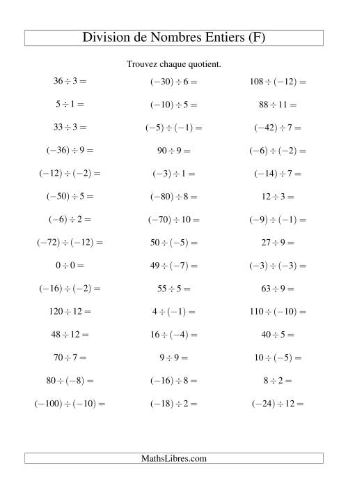 Division de nombres entiers de (-12) à 12 (45 par page) (F)