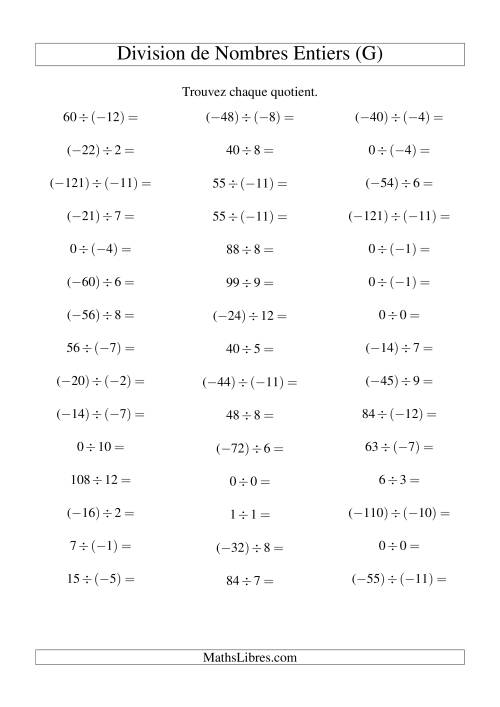 Division de nombres entiers de (-12) à 12 (45 par page) (G)