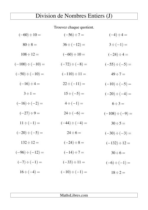 Division de nombres entiers de (-12) à 12 (45 par page) (J)