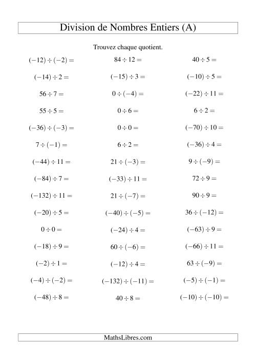 Division de nombres entiers de (-12) à 12 (45 par page) (Tout)