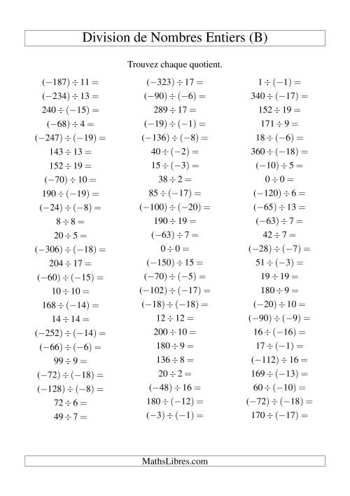 Division de nombres entiers de (-20) à 20 (75 par page) (B)