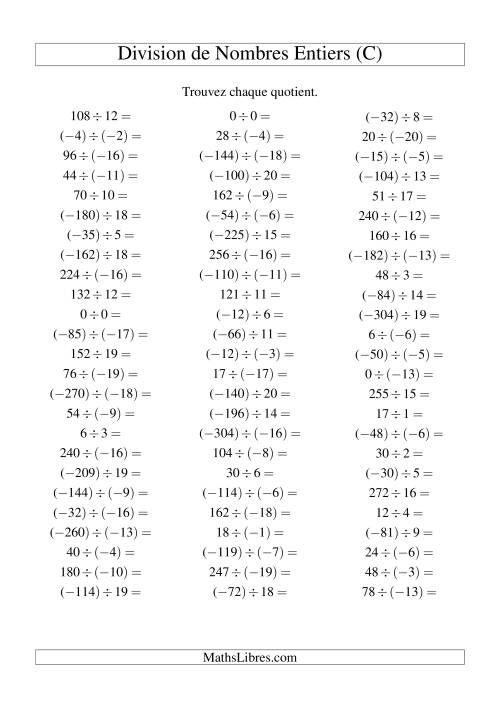 Division de nombres entiers de (-20) à 20 (75 par page) (C)