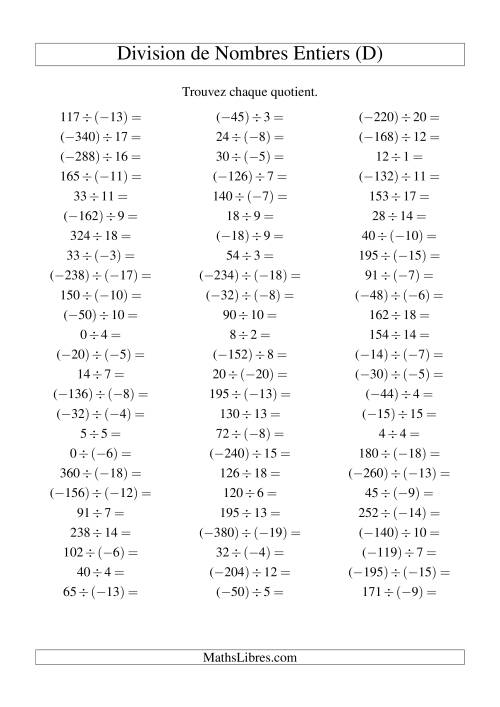 Division de nombres entiers de (-20) à 20 (75 par page) (D)
