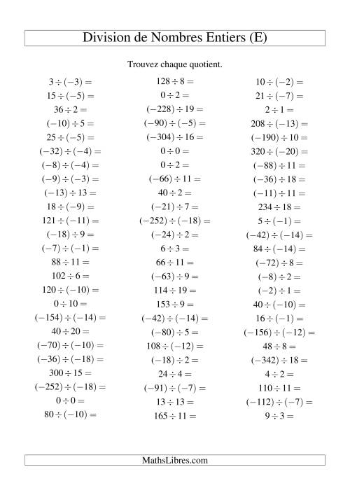 Division de nombres entiers de (-20) à 20 (75 par page) (E)