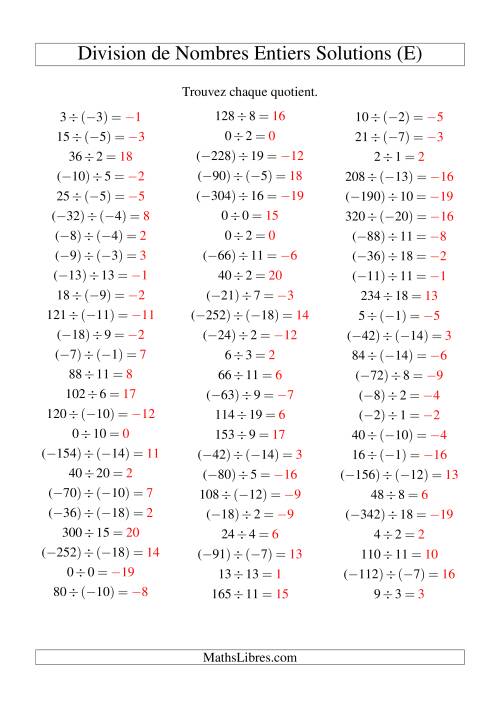 Division de nombres entiers de (-20) à 20 (75 par page) (E) page 2