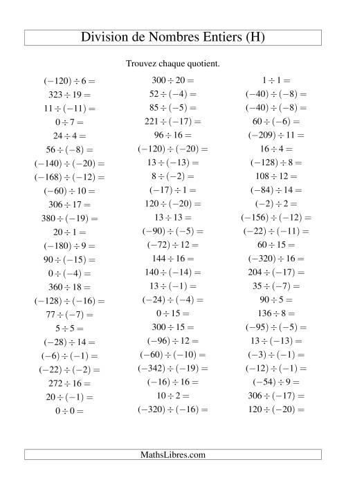 Division de nombres entiers de (-20) à 20 (75 par page) (H)