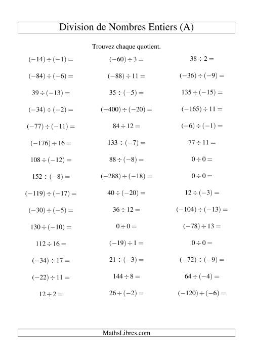 Division de nombres entiers de (-20) à 20 (45 par page) (A)
