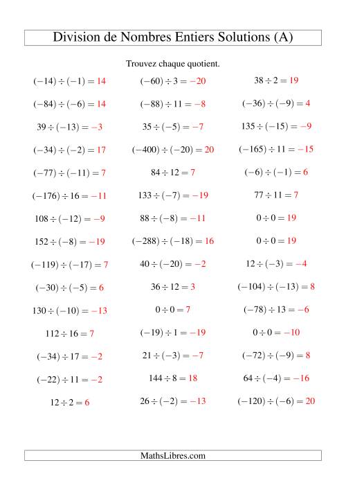 Division de nombres entiers de (-20) à 20 (45 par page) (A) page 2