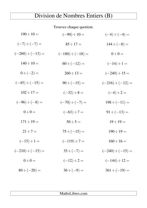 Division de nombres entiers de (-20) à 20 (45 par page) (B)