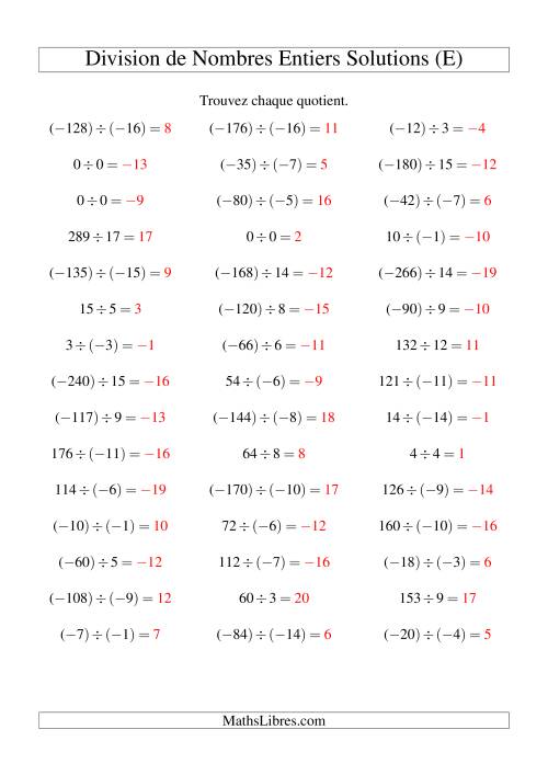 Division de nombres entiers de (-20) à 20 (45 par page) (E) page 2