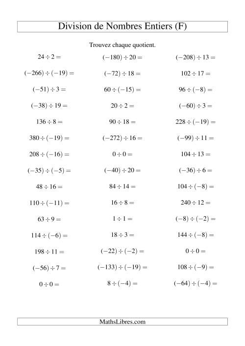 Division de nombres entiers de (-20) à 20 (45 par page) (F)