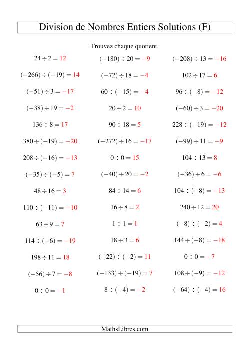 Division de nombres entiers de (-20) à 20 (45 par page) (F) page 2