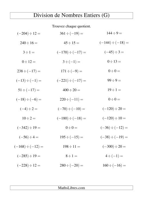 Division de nombres entiers de (-20) à 20 (45 par page) (G)