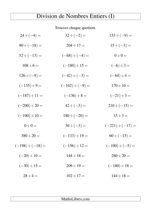 Division de nombres entiers de (-20) à 20 (45 par page) (I)