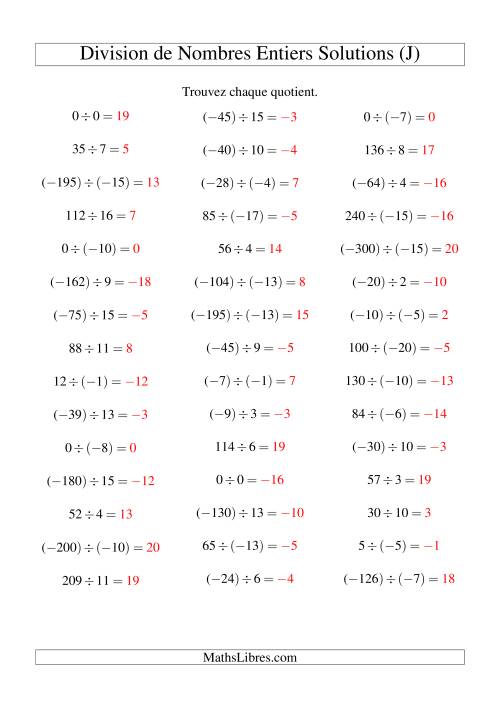 Division de nombres entiers de (-20) à 20 (45 par page) (J) page 2