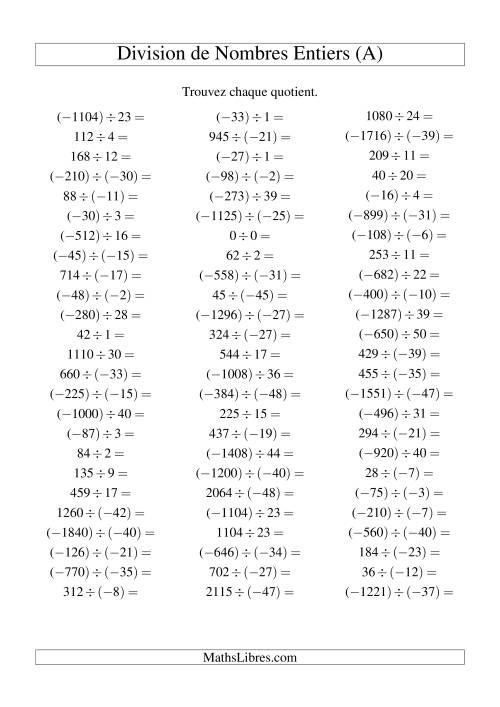 Division de nombres entiers de (-50) à 50 (75 par page) (A)