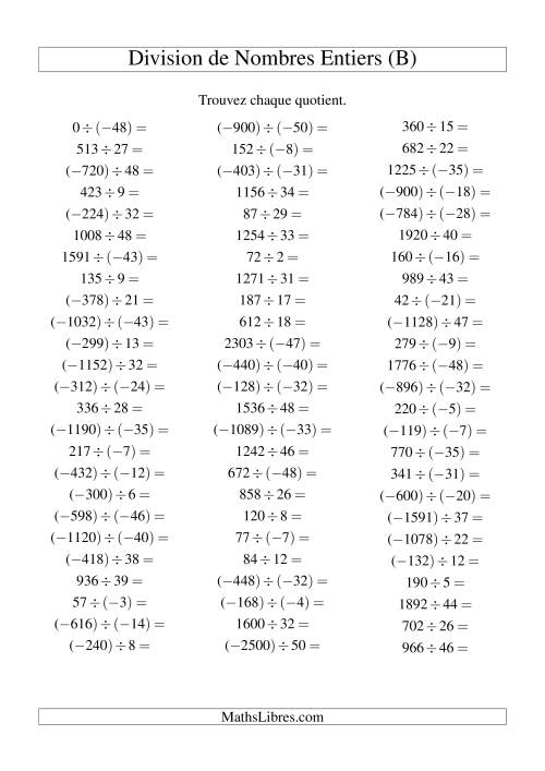 Division de nombres entiers de (-50) à 50 (75 par page) (B)