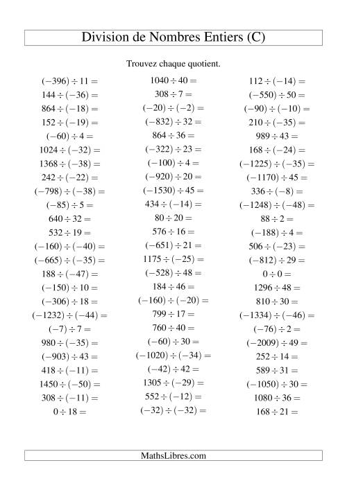 Division de nombres entiers de (-50) à 50 (75 par page) (C)