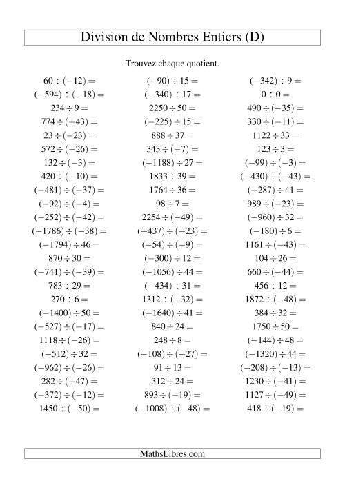 Division de nombres entiers de (-50) à 50 (75 par page) (D)