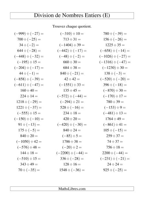 Division de nombres entiers de (-50) à 50 (75 par page) (E)