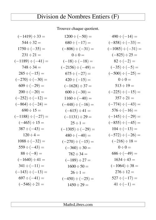 Division de nombres entiers de (-50) à 50 (75 par page) (F)