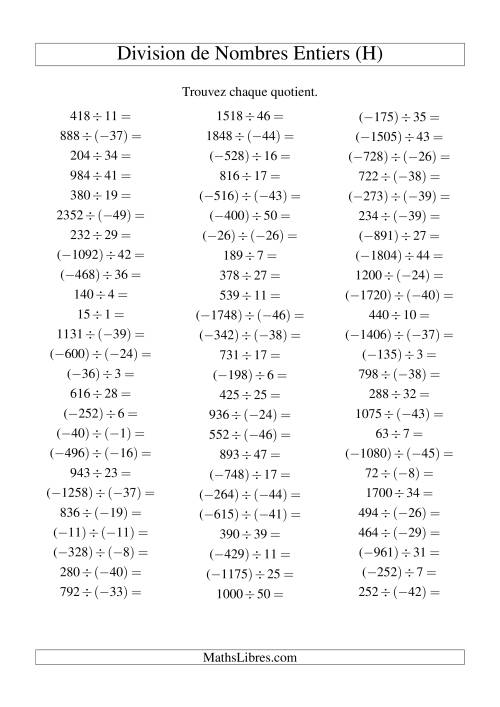 Division de nombres entiers de (-50) à 50 (75 par page) (H)